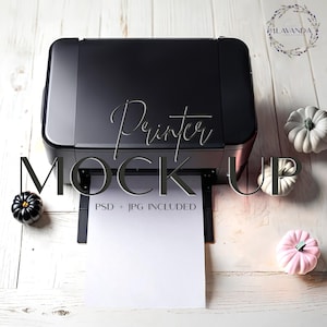 Realistisches schwarzes Drucker Mockup | PSD + JPG Digitaler Download | Smart Objekt für einfache Bedienung |Produkt-Präsentation| Leere Papierdruckszene