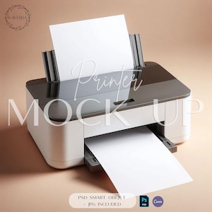 Download digital moderno impressora maquete impressora de mesa impressão tamanho carta papel maquete impressora minimalista foto editável imagem PSD + CANVA