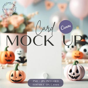 Maquette de carte d'invitation à une fête d'Halloween Maquette de carte d'invitation Maquette de papeterie Objet intelligent PSD Maquette de carte de voeux JPG Décoration de chambre citrouille