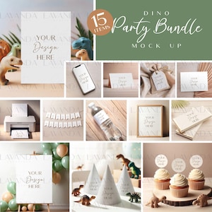 May include: A set of 15 printable dinosaur party decorations, including a sign, banners, cupcake toppers, party hats, water bottle labels, gift tags, and more. The design features a green dinosaur silhouette and the text "Your Design Here".