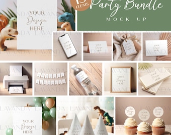 Puede incluir: Un conjunto de 15 decoraciones de fiesta de dinosaurio imprimibles, que incluyen un cartel, pancartas, adornos para cupcakes, sombreros de fiesta, etiquetas para botellas de agua, etiquetas para regalos y mucho más. El diseño presenta una silueta de dinosaurio verde y el texto "Your Design Here".