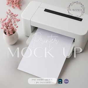 Impressora digital bonita, maquete de impressora de mesa, impressão de letras 8,5x11, maquete de papel em branco, impressora moderna, imagem editável do produto, PSD CANVA