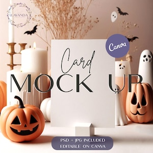 Cartão de convite para festa de Halloween Mock Up, Cartão de convite Mock up Papelaria Mockup PSD objeto inteligente JPG Cartão de felicitações de Halloween Mockup Photoshop