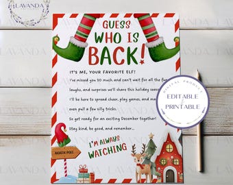 May include: A festive printable Christmas card with the text "Guess Who Is Back!" featuring elf feet, a North Pole sign, and a reindeer. The card includes the text "I'm Always Watching" and is labeled "Editable & Printable".