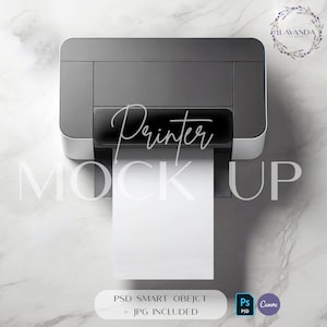 Download digital de mock-up de impressora preta, mock-up de papel em branco para impressão de impressora de mesa, foto realista de impressora, mock-up de produto editável PSD+CANVA