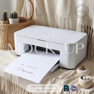 Mockup de impressora branca Boho Neutral Printing 8,5x11" Paper Mock Up Photoshop Smart Object Canva printer mockup Desk Printer template