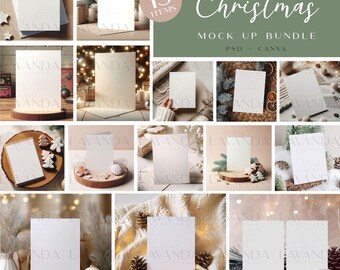 Pacote de mockups de convites de Natal: convites 5x7 em PSD + mockups do Canva