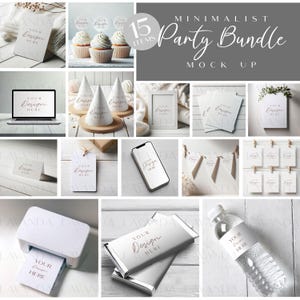 May include: A minimalist party bundle mockup featuring 15 customisable items, including cupcake wrappers, party hats, gift tags, labels, and printable cards. The mockup is set against a white wood background with a grey and white blanket.