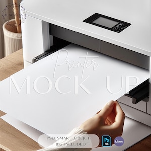 Digital White Close up Printer Mock Up Desk Printer printing 11x17 Blank Paper Mockup Minimalist Printer Editable Product Picture PSD CANVA