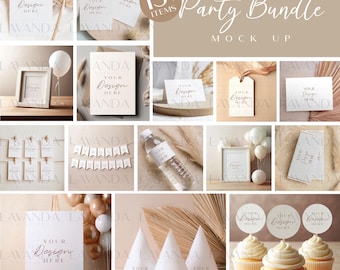 May include: Neutral party bundle mockup featuring 15+ items, including a frame, water bottle, cupcake toppers, party hats, and signage. The items are displayed on a variety of surfaces, including wood, fabric, and paper. The overall theme is neutral and minimalist, with a focus on natural textures and colors.