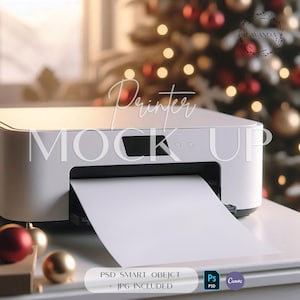 Impressora digital de Natal branco Mock Up Impressora de mesa impressão 8,5x11 papel mockup Impressora minimalista papel carta Imagem editável PSD+CANVA