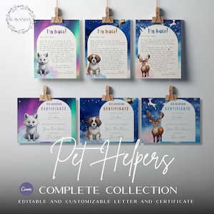 Könnte beinhalten: Eine Sammlung druckbarer Tieradoptionszertifikate und -briefe. Jedes Design zeigt ein anderes Tier: einen Fuchs, einen Hund und ein Reh. Die Zertifikate und Briefe haben einen farbenfrohen, sternenübersäten Hintergrund. Der Text "Pet Helpers" ist in einer Schriftart geschrieben.