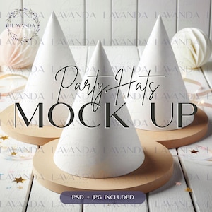 May include: Three white party hats on wooden stands with the text "Party Hats Mock Up" on a white wooden background.