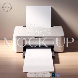 Impressora branca Mock Up Minimalista Impressora de mesa Impressão Carta em branco 8,5x11 Papel Mockup Realista Impressora Modelo Layout Editável PSD+CANVA