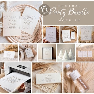 May include: A neutral color party bundle mockup with 15 items, including cards, tags, a frame, party hats, a water bottle, and a box. The items are arranged on a variety of surfaces, including wood, fabric, and a wicker basket. The text "YOUR DESIGN HERE" is visible on many of the items.