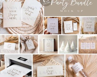 Boho Party Mockup Bundle: Editable Invitation, Event Decor (PSD & Canva)
