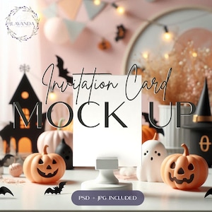 Mockup uitnodigingskaart Halloween-feest, uitnodigingskaart mockup, briefpapier mockup, PSD smart-object JPG, Halloween-verjaardagsfeestje uitnodigen Mockup