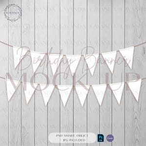 May include: White pennant banner mockup with the text "Birthday Banner Mockup" on a light gray wooden background. Includes PSD smart object and JPG file. Perfect for showcasing birthday designs.