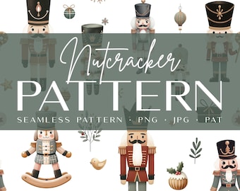 Può includere: Un motivo a trama continua con varie figure di schiaccianoci in abiti festivi, insieme a ornamenti a tema vacanza e il testo "Nutcracker Pattern". La tavolozza dei colori include sfumature di verde, marrone e oro su sfondo bianco.