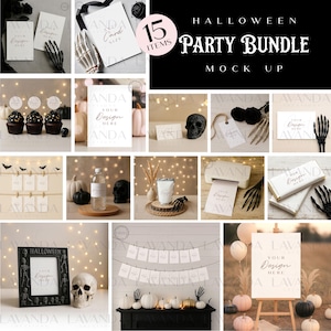 Puede incluir: Una maqueta de paquete de fiesta de Halloween con tarjetas, cupcakes, calabazas y una calavera. La imagen incluye el texto "Halloween Party Bundle Mock Up" y "15 Items". Las maquetas tienen el texto "Your Design Here".