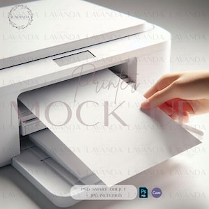 Impressora digital branca Mock Up Impressora de mesa impressão 8,5x11 carta Papel em branco Mockup Impressora minimalista Imagem editável do produto PSD CANVA