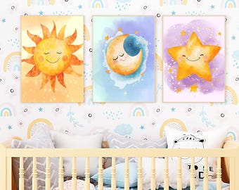 Sun Moon Star Set of 3 Nursery Wall Art Printable | Celestial Baby Kids ...