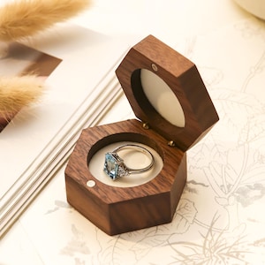 Custom Wooden Wedding Engagement Ring Box, Wedding Ring Box, Personalized Engraved Hexagon Ring Bearer Box, Anniversary Gift