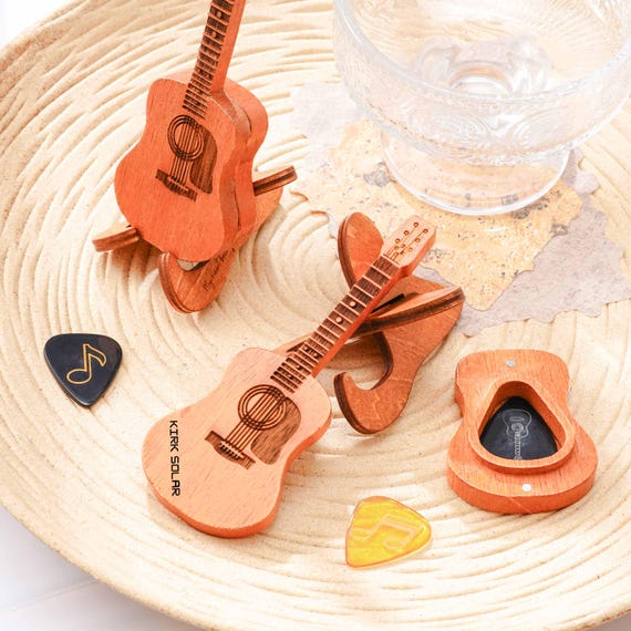 Personalized Wood Guitar Pick Box, Engraved Plectrum Case