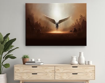 Dramatic Warrior Angel Poster, Spiritual Battle Scene Canvas Print, Fantasy Wall Decor, Jesus Landscape Canvas Prints, Heaven Darkness Art