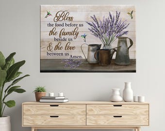 Bless the food before us, Lavender, hummingbird, Jesus Landscape Canvas Prints, Wall Art, Jesus Canvas, Christian Canvas, Bible Verse Canvas