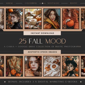 May include: A collection of 25 stock photos capturing the essence of autumn, featuring cosy interiors, nature scenes, and people wearing autumnal clothing. The photos are ideal for use in social media posts, blogs, and other online content.