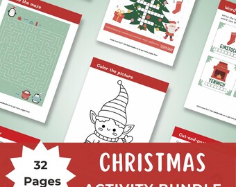 May include: A Christmas activity bundle with 32 pages of fun activities for kids. The bundle includes a maze, a coloring page, a word search, and a cut-and-paste activity.