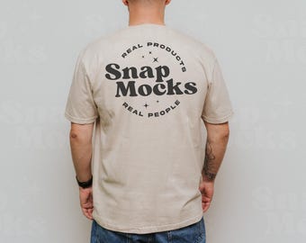 Gildan 64000 Sand Beige Shirt Back Side Mockup | T-Shirt Back Mock-up | Real Male Model Mock | Simple Mens TShirt Back View Mock