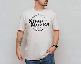 Gildan 64000 Natural Shirt Mockup | Natural T-Shirt Mock-up | Real Male Model Mock | Minimal Neutral Simple Gildan 640 Men T Shirt Mock