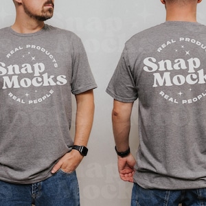 Gildan 64000 Graphite Heather Split View Mockup | T-Shirt Back Mock-up | Real Male Model Mock | Simple TShirt Mock with Front and Back View