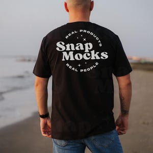 Gildan 64000 Black Shirt Back Side Mockup in Sunrise | T-Shirt Back Mock-up | Real Male Model Mock | Beach Sunset TShirt Back View Mock