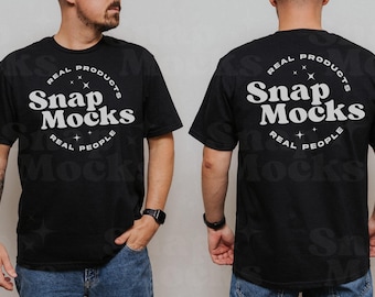 Gildan 64000 Black Split View Mockup / T-Shirt Back Mock-up / Modello maschile reale Mock / Semplice T-Shirt Mock con vista anteriore e posteriore