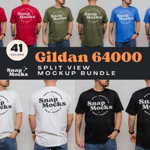 May include: A split view mockup bundle of Gildan 64000 t-shirts in various colors. The shirts feature a white logo with the text "Snap Mocks" in a circle.