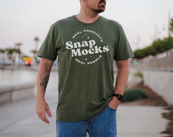 Gildan 64000 Military Green Mockup in Sunset | Gildan Soft Style T-Shirt Mockup | Real Human Model Mock | Outdoor Lifestyle Mockup