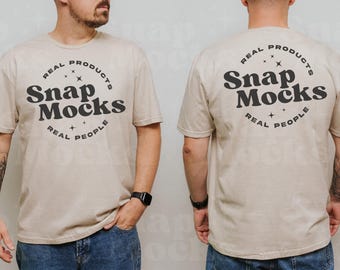 Gildan 64000 Beige Sand Split View Mockup | T-Shirt Back Mock-up | Real Male Model Mock | Simple TShirt Mock - Front and Back View