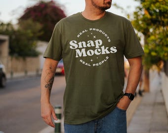 Gildan 64000 Military Green Mockup in Sunset | Gildan Soft Style T-Shirt Mockup | Real Human Model Mock | Outdoor Gildan 64000 Mock for Men