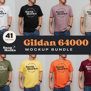 Könnte beinhalten: Ein Mockup-Paket mit 41 Gildan 64000 T-Shirts in verschiedenen Farben. Die T-Shirts zeigen ein kreisförmiges Logo mit dem Text "Snap Mocks" in Schwarz.