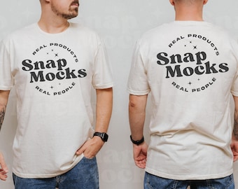 Gildan 64000 Natural Split View Mockup | T-Shirt Back Mock-up | Real Male Model Mock | Simple TShirt Mock with Front and Back View