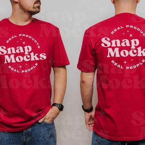Gildan 64000 Cardinal Red Split View Mockup | T-Shirt Back Mock-up | Real Male Model Mock | Simple TShirt Mock with Front and Back View