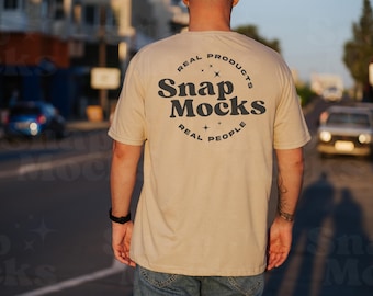 Gildan 64000 Sand Beige Shirt Back Side Mockup in Sunset | T-Shirt Back Mock-up | Real Male Model Mock | Sunrise Mock | Outdoor Mockup