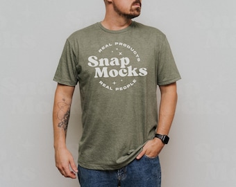 Gildan 64000 Heather Military Green Mockup | Gildan Soft Style Mockup | Real Human Model Mock | Minimal, Simple Gildan 64000 Mock for Men