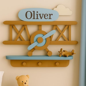 Floating shelf for boy&#39;s bedroom, Natural wood kid&#39;s furniture, Vintage airplane shaped shelf, Small toys storage, Unique gift with kid name