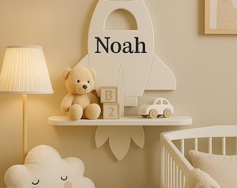 Personalized Space Rocket Shelf, White Wood Nursery Decor