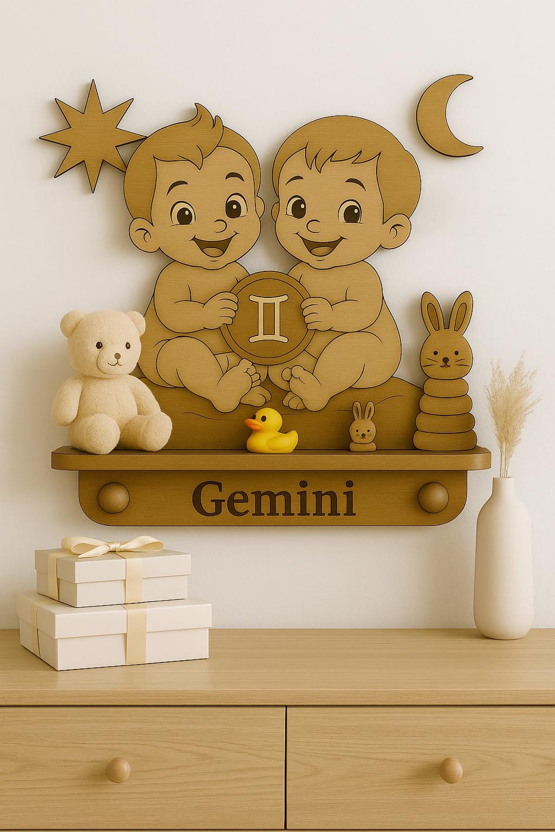 Charming Gemini Floating Shelf, Astrological Wall Decor for Nursery ...