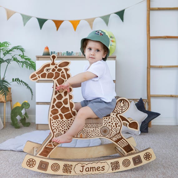 Personalized Giraffe Rocker for Boy, Name Engraved Rocking Chair